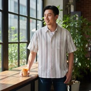 Vintage Whatzup Men's Striped Short‎ Sleeve Button Down Shirt White Red Size L